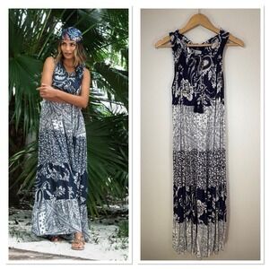 Cupio Boho Paisley Tiered Maxi Dress Navy White Sleeveless Resortwear Vacation M